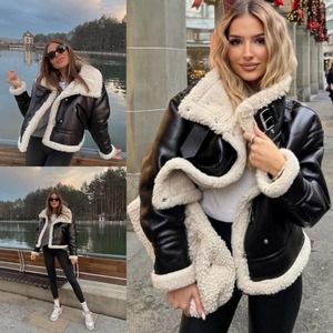 Zara Faux Shearling Coat Vegan Leather Jacket Medium NWT